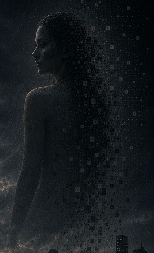 Detail of the cover: a woman dissolving into pixels